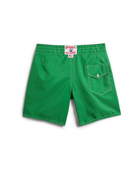Back of the 300 Boardshorts in Kelly Green. Back pocket on right side with button closure and key loop. License Plate Label with Birdwell Logo and Made In USA on waistband. 