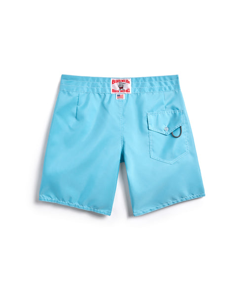 Back of the 300 Boardshorts in Light Blue. Back pocket on right side with button closure and key loop. License Plate Label with Birdwell Logo and Made In USA on waistband. 