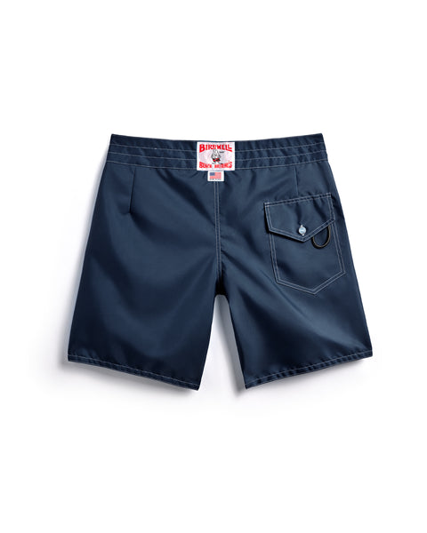 Back of the 300 Boardshorts in Navy. Back pocket on right side with button closure and key loop. License Plate Label with Birdwell Logo and Made In USA on waistband. 