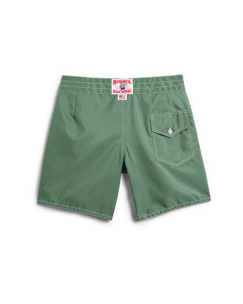 Back of the 300 Boardshorts in Olive. Back pocket on right side with button closure and key loop. License Plate Label with Birdwell Logo and Made In USA on waistband. 