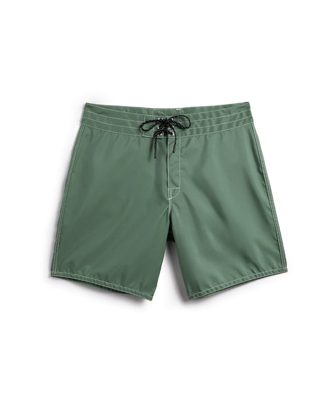 Front of the 300 Boardshorts in Olive. Black drawcord with nickel-plated grommets. 
