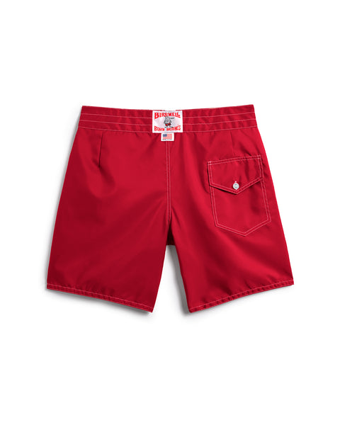 Back of the 300 Boardshorts in Red. Back pocket on right side with button closure and key loop. License Plate Label with Birdwell Logo and Made In USA on waistband. 
