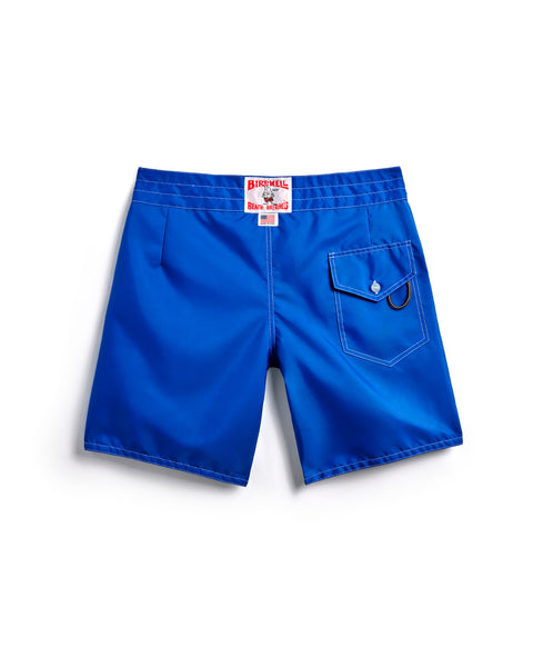 Back of the 300 Boardshorts in Royal Blue. Back pocket on right side with button closure and key loop. License Plate Label with Birdwell Logo and Made In USA on waistband. 