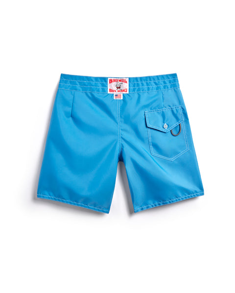 Back of the 300 Boardshorts in Sky Blue. Back pocket on right side with button closure and key loop. License Plate Label with Birdwell Logo and Made In USA on waistband. 