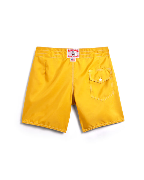 Back of the 300 Boardshorts in Yellow. Back pocket on right side with button closure and key loop. License Plate Label with Birdwell Logo and Made In USA on waistband.  