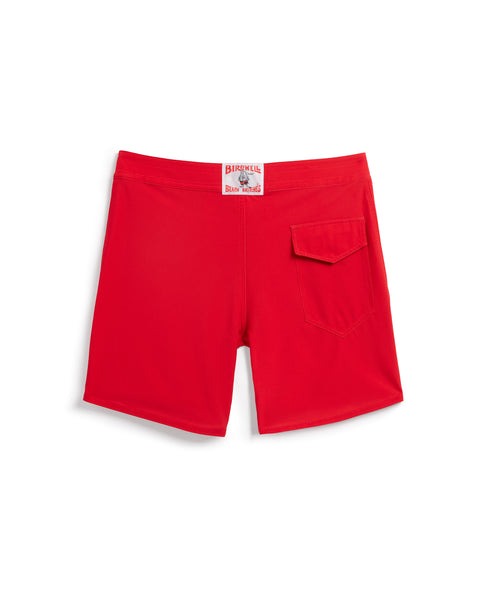 Birdie Boardshorts in Red. Back pocket on right side with velcro closure. License Plate Label with Birdwell Logo on waistband.