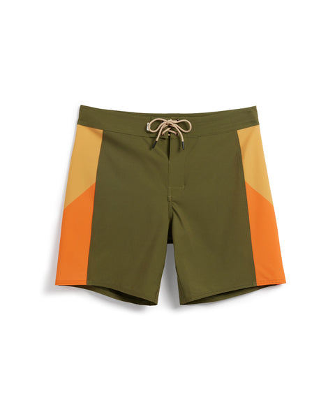 Birdie Boardshorts in Army Green with side paneling in sunset (yellow and orange). Drawcord with brass grommets.