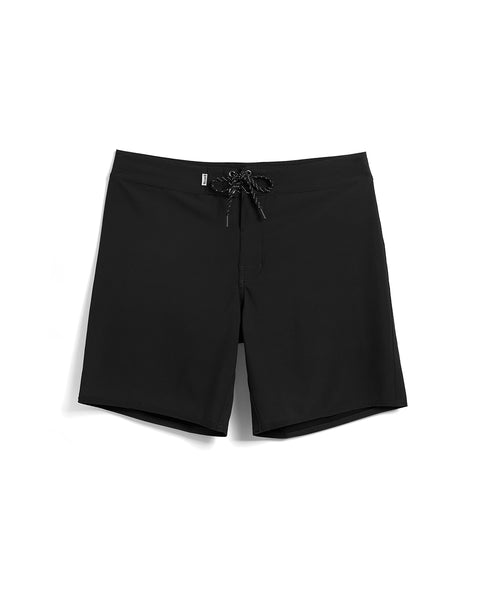 Birdie Boardshorts in Black. Black drawcord with brass grommets. Logo label on waistband in white.