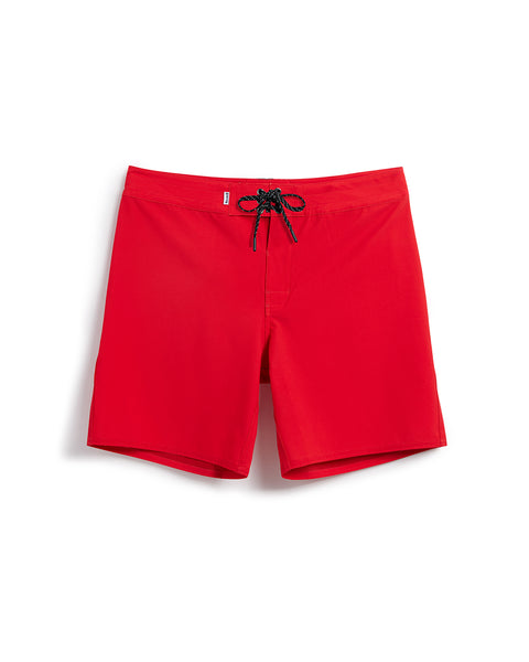 Birdie Boardshorts in Red. Black drawcord with brass grommets. Logo label on waistband in white.