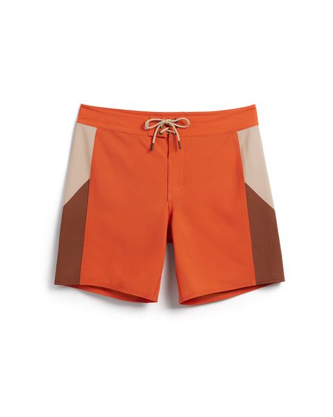 Birdie Boardshorts in Paprika with side paneling of tobacco and cream. Drawcord with brass grommets.