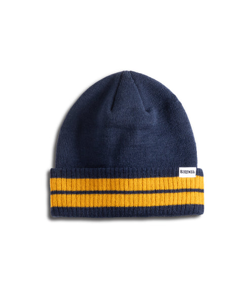 Front of Comp Stripe Beanie in Navy