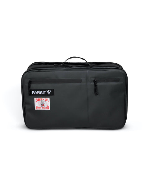 Front view of Cooler in black. Two pockets with zippers for extra storage. Parkit Logo Label and Birdwell License Plate Logo Label in upper left.
