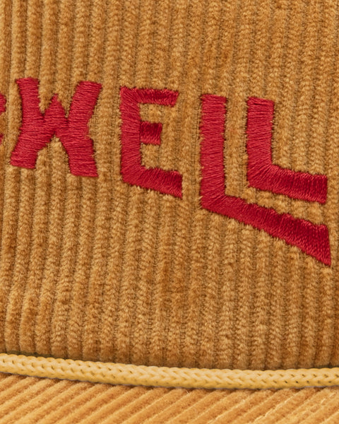 Image shows detail of embroidered wordmark on front panel.