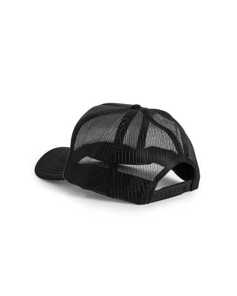 Back view of Wordmark Trucker in Black showing mesh and rubber snaps