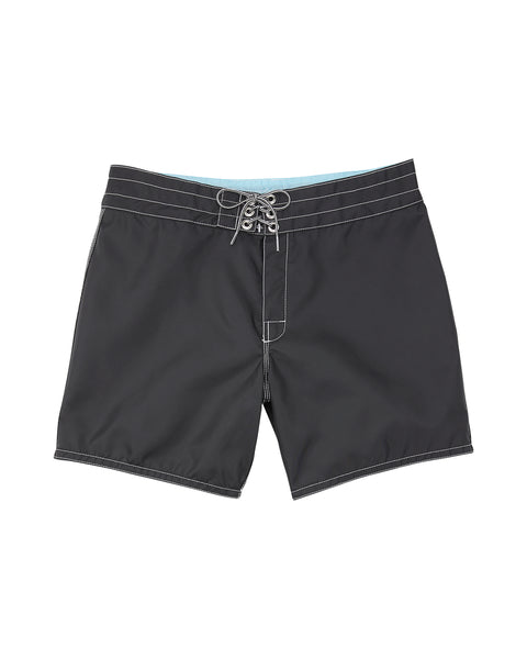 Front of the 310 Boardshorts in Black. Drawcord with nickel-plated grommets.