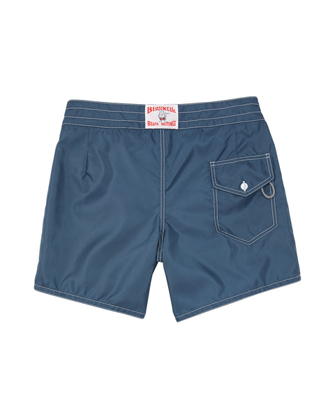 Back of the 310 Boardshorts in Navy. Back pocket on right side with button closure and key loop. License Plate Label with Birdwell Logo on waistband