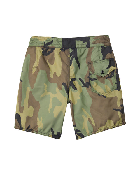 Back of the 311 Boardshorts in Camo. Back pocket on right side with button closure and key loop. License Plate Label with Birdwell Logo on waistband