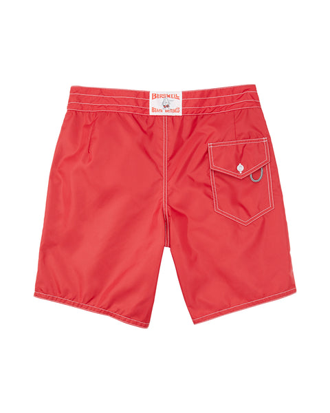 Back of the 311 Boardshorts in Red. Back pocket on right side with button closure and key loop. License Plate Label with Birdwell Logo on waistband