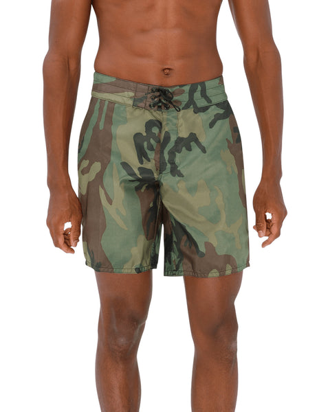 Back of the 311 Boardshorts in Camo. Back pocket on right side with button closure and key loop. License Plate Label with Birdwell Logo on waistband