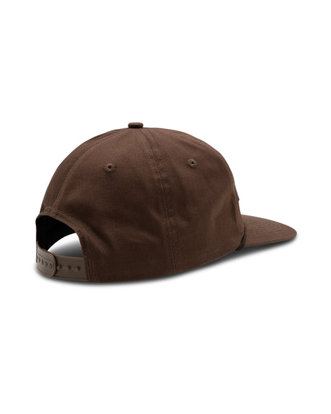 The Service Snapback in Brown, with plastic snap and visor rope detail. Back angle.