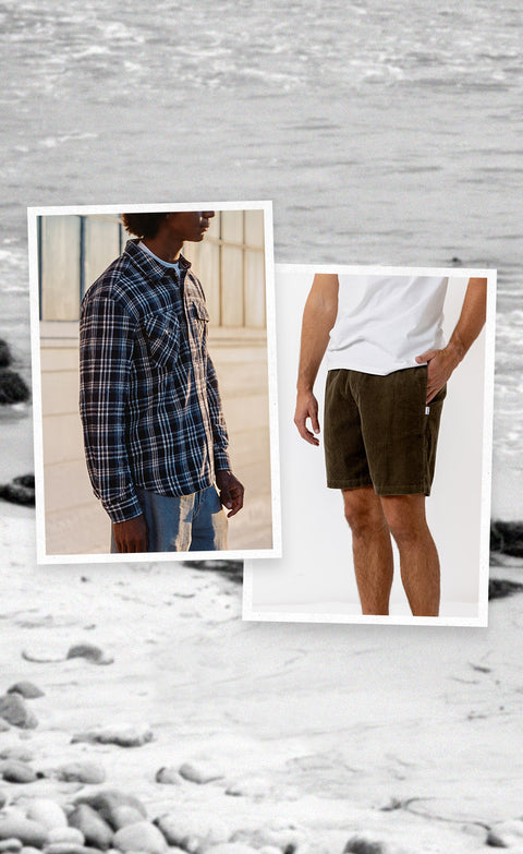Model wearing Stinson Shirt and Model wearing Corduroy Beach Short In Olive over black and white image of the ocean.