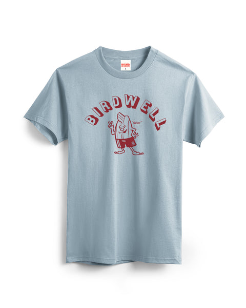 Arctic Blue t-shirt with 'Birdwell' logo with Birdie Illustration underneath in Red on a white background.