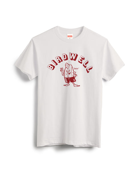 Vintage White t-shirt with 'Birdwell' logo with Birdie Illustration underneath in Red on a white background.