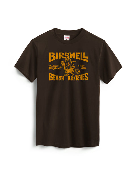 Brown T-Shirt with Golden yellow graphic of Birdwell Beach Britches with Birdie in the center. Product on White Background.