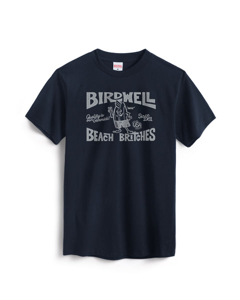 Navy T-Shirt with light blue graphic of Birdwell Beach Britches with Birdie in the center. Product on White Background.