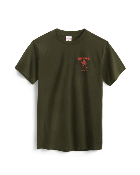 Front View of Surplus Green t-shirt with a red orange graphic of Birdie holding up a peace sign with text above and below. Product on a white background