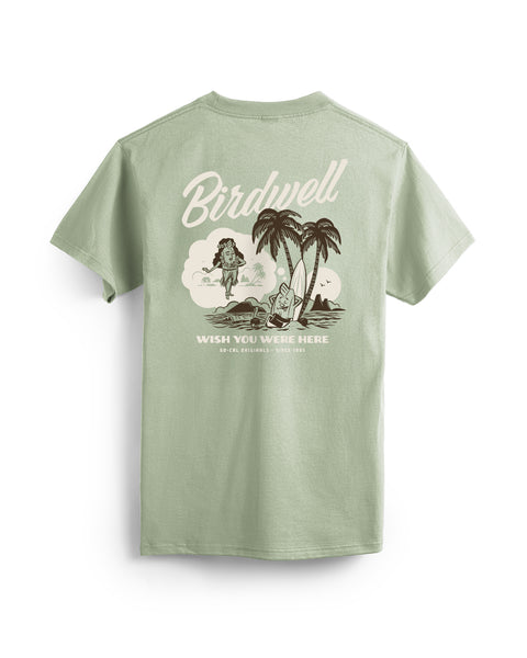 Back view of the desert green t-shirt with a screen printed graphic on the back featuring Birdie leaning against palm trees dreaming of a female birdie and text. Product on white background.