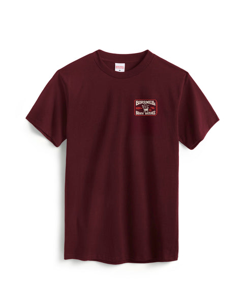 Front View of Hangtag T-Shirt in Burgundy. Graphic in White & Red. Product on white background.