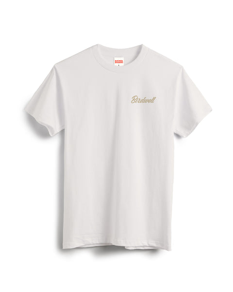 Front View of Pau T-Shirt in Vintage White. Screenprinted Birdwell text in script in chest. Product on white background.