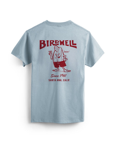 Light blue t-shirt with red Birdwell logo and text on a white background