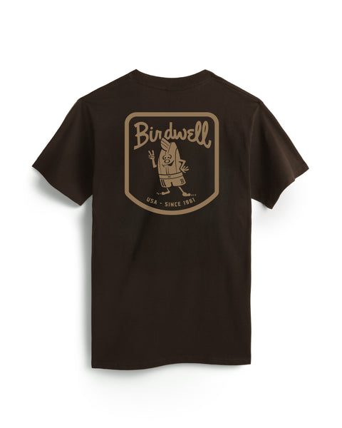 Brown t-shirt with a screenprinted Bridwell Since 1961 Graphic on the chest against a white background.