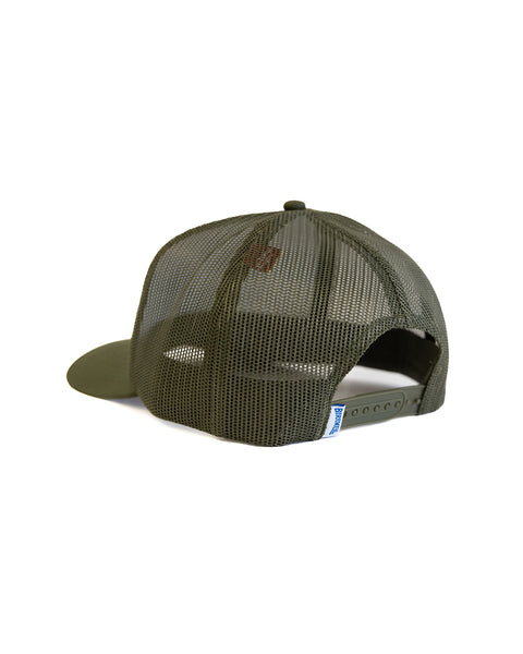 Green mesh cap with a brand logo on a white background