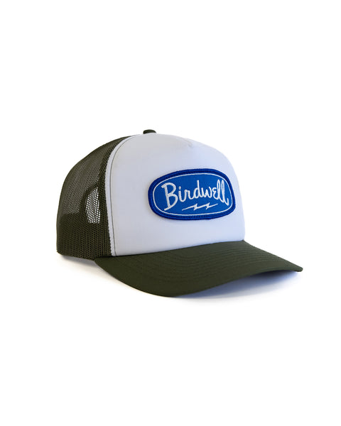 Trucker hat with a blue logo on a white background