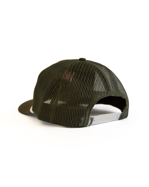 Back of a BIrdwell hat that has a white tag and says in Black 'Birdwell' and white string over brim with text on a white background. 