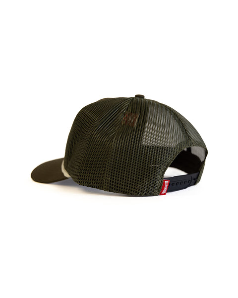 Back of a olive green hat that has a small tag that says 'Birdwell' in white text and red tag on olive hat with a dark olive rim and white string over brim on a white background.. 