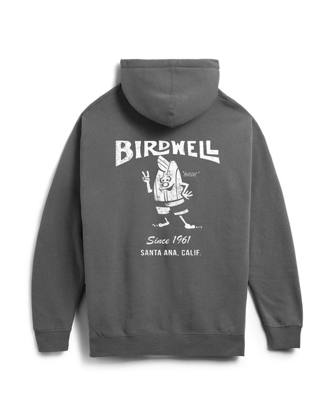 Faded Black hoodie with a white graphic and text on the back, displayed against a white background.