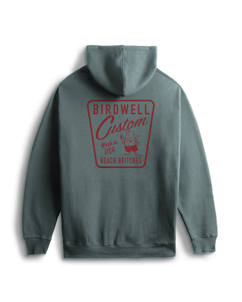 Atlantic Blue hoodie with red 'Birdwell' logo on the back against a white background