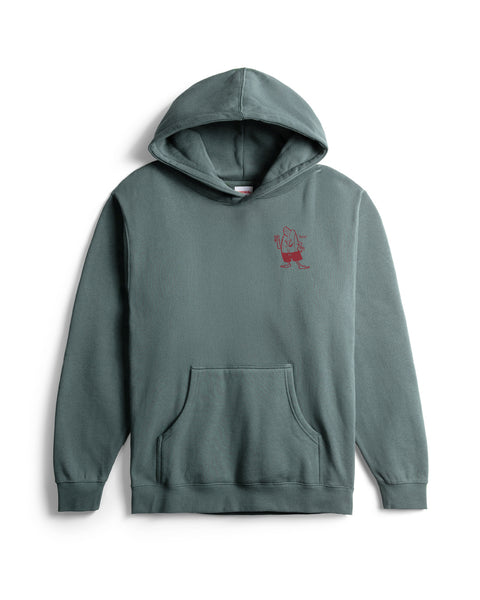 Green hoodie with a small red graphic on a white background