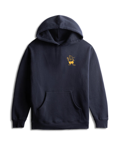 Navy hoodie with a small yellow graphic on a white background