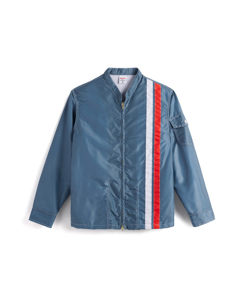 Racing Jacket 25 in Federal Blue with vertical stripes, left stripe is white, white stripe is red. Pocket on left sleeve. New Fleece lining and Talon two way zipper. Product on white background.