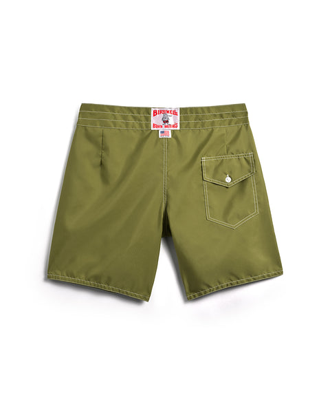 Back of the 300 Boardshorts in Army Green. Back pocket on right side with button closure and key loop. License Plate Label with Birdwell Logo and Made In USA on waistband. 