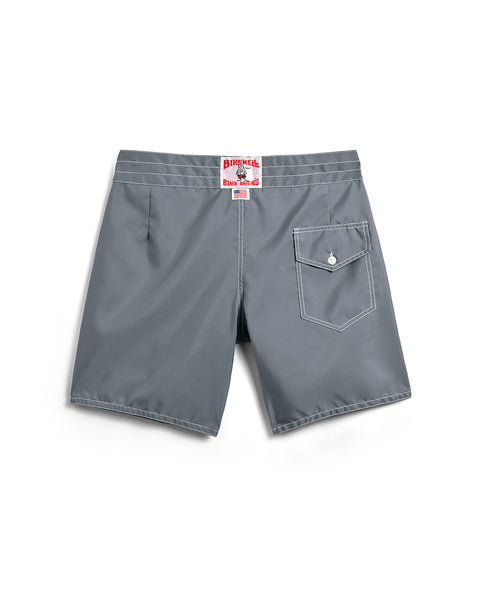 Back of the 300 Boardshorts in Slate. Back pocket on right side with button closure and key loop. License Plate Label with Birdwell Logo and Made In USA on waistband. 