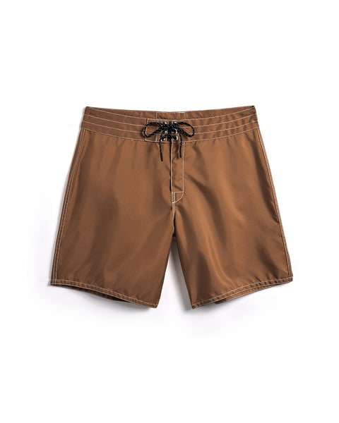 Front of the 300 Boardshorts in Tobacco. Black drawcord with nickel-plated grommets.