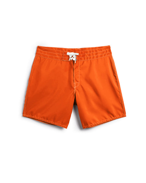 Front view of the medium orange 310 boardshorts. White Drawcord and white contrast stitching. Product on white background.