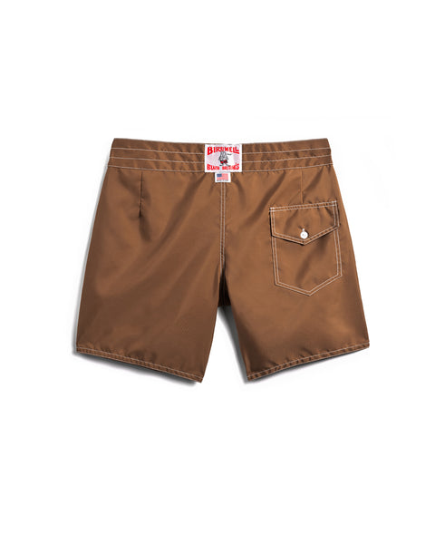 310 Boardshorts in Tobacco, back view of boardshorts with License Plate and Made In USA Label on the waistband with white contrast stitching. Product over white background.