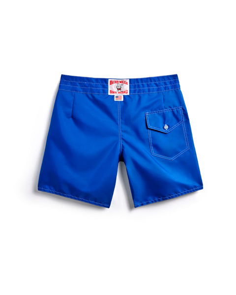 Back view of the Royal Blue Boardshorts with License Plate Label and Made in USA Label on a white background.
